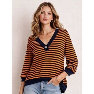 Ralph Lauren Womens V-Neck Striped Knit Sweater Large Orange Blue Rugby Nautical